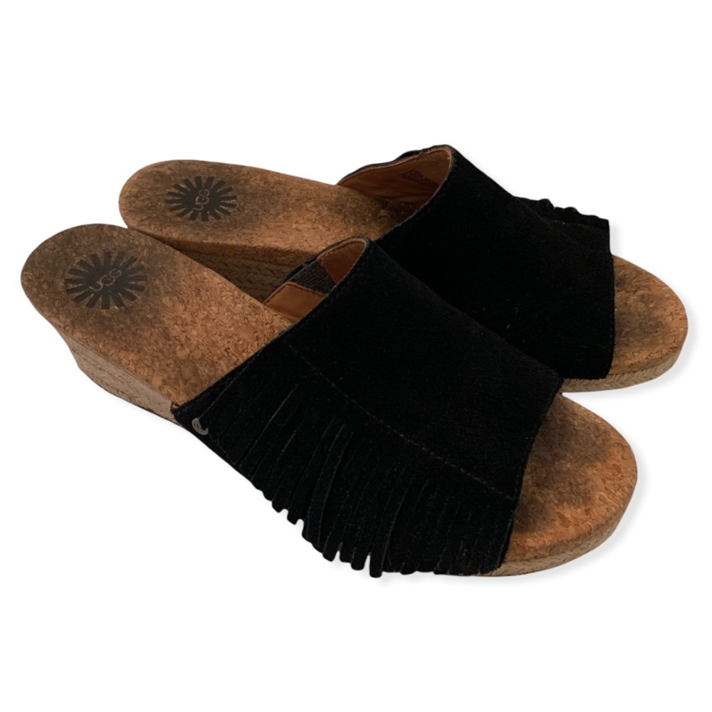 Ugg cork fringe black suede peep toe wedge platform sandals shoes size 7 heels - Picture 9 of 9